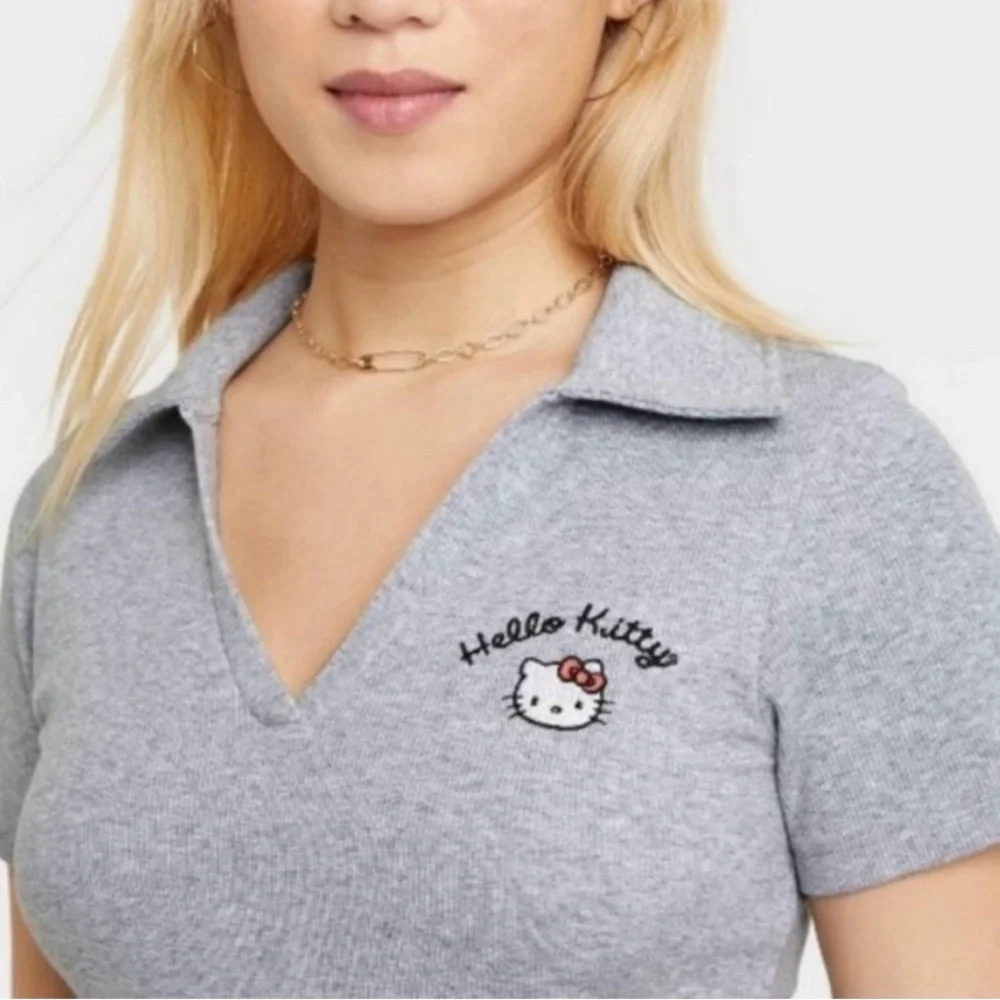 HELLO KITTY by Sanrio Polo Johnny Collar Stretch Rib Knit Grey Short SL Dress XL